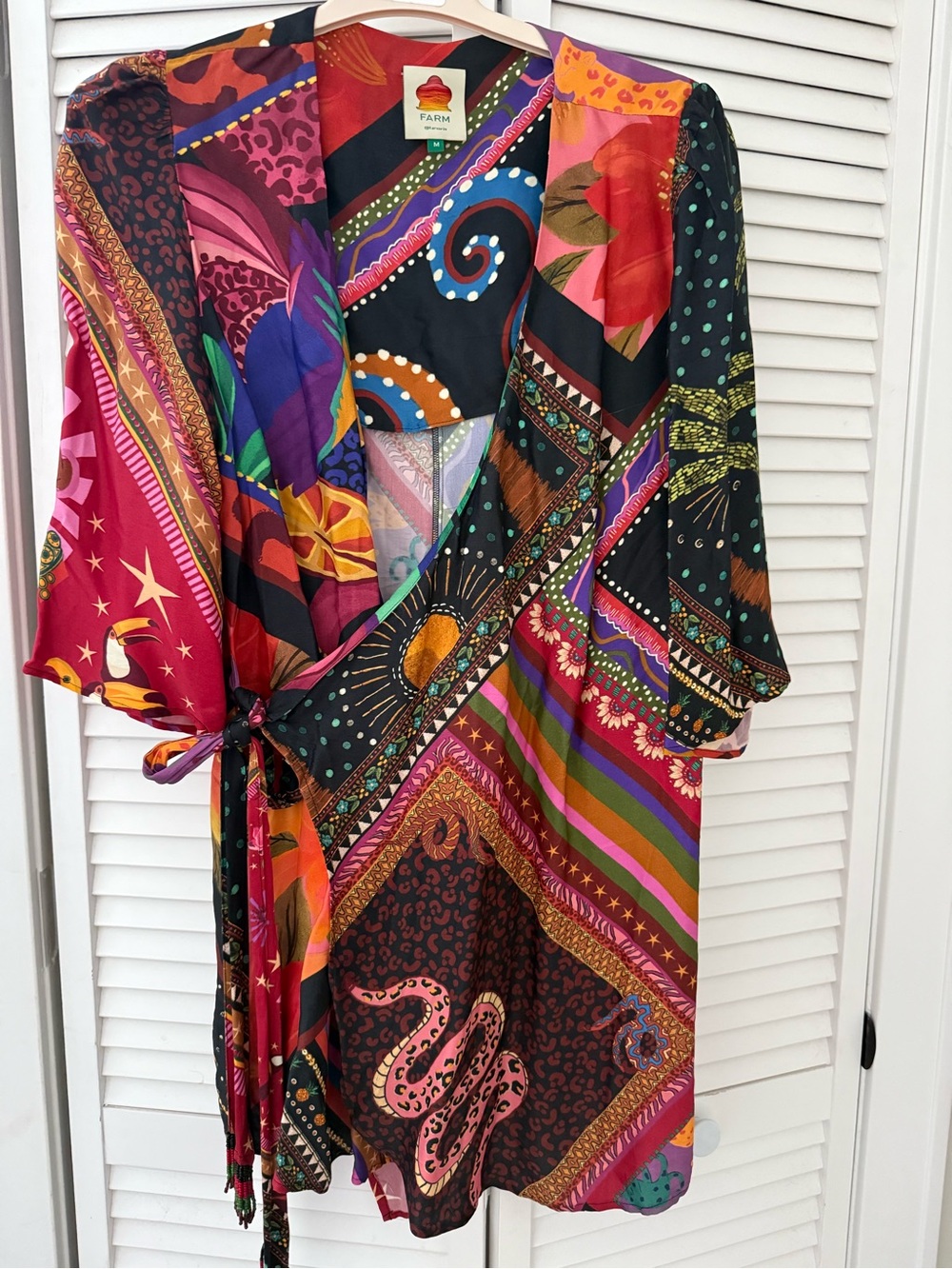 FARM Rio Bold Multicolor Printed Silk Scarf Dress — Blue, Red, Green, Purple